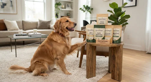 Golden retriever looking playfully near premium pet treat pouches arranged neatly in an upscale modern home living room