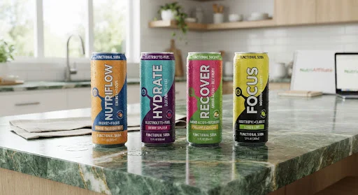Modern colorful sparkling beverage cans with condensation droplets resting on a polished green marble kitchen island in bright natural light