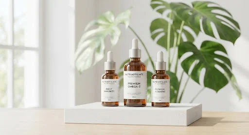 Minimalist product photography of neatly folded premium apparel on a white podium with soft green botanical monstera leaves and bright sunlight reflections