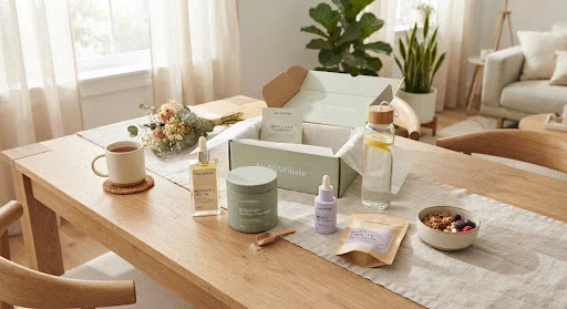 Aesthetic unboxing scene of modern home and tech consumer goods, eco-friendly pastel packaging, smart gadgets and everyday essentials laid out elegantly on a sleek contemporary wooden dining table with gentle morning sunlight