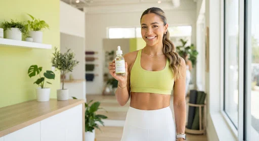 Athletic lifestyle creator holding a premium packaged ecommerce product against clean airy sunny studio, modern aesthetic with lime and white minimalist interior, crisp sharp lighting, high resolution lifestyle commercial photography