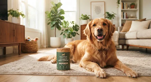 Vibrant healthy Golden Retriever happily resting next to premium pet treat pouches in eco-friendly packaging, bright clean contemporary living room with houseplants and soft natural light, warm pet care lifestyle